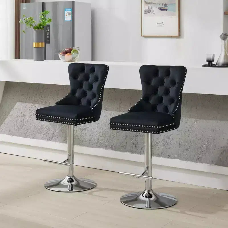CLIHOME Lot de 2 tabourets de bar pivotants épais en velours chromé, hauteur réglable de 63,5 à 83,8 cm, boutons touffetés et plissage en losanges
