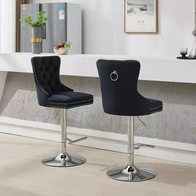 CLIHOME Lot de 2 tabourets de bar pivotants épais en velours chromé, hauteur réglable de 63,5 à 83,8 cm, boutons touffetés et plissage en losanges