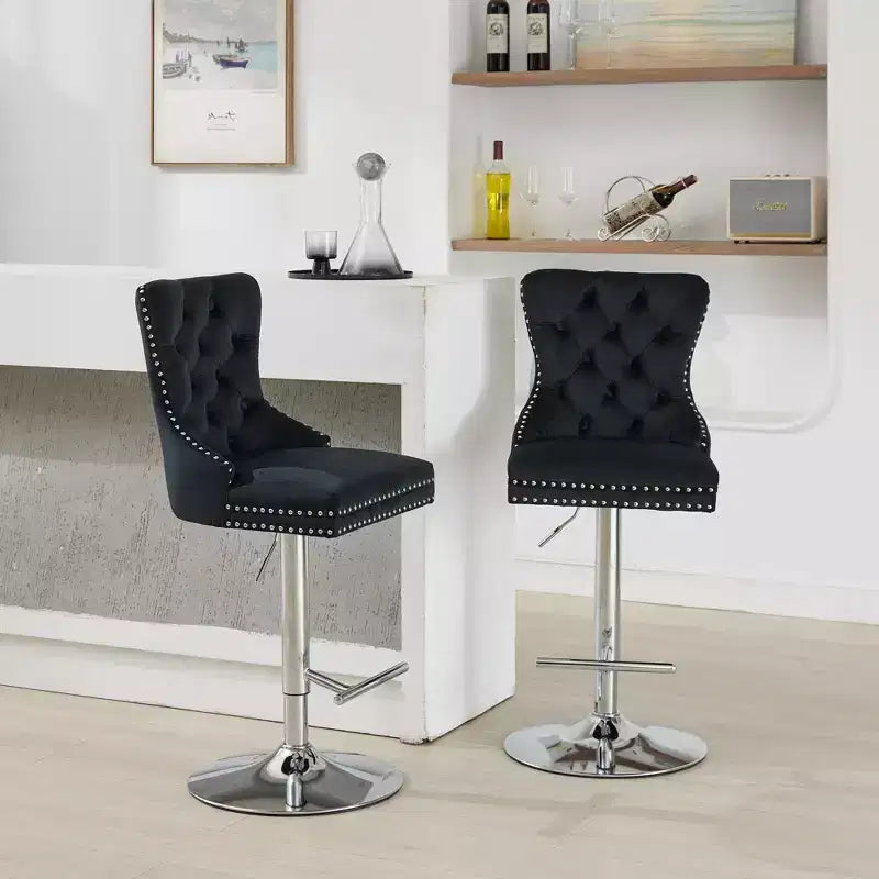 CLIHOME Set of 2 Thick Chrome Swivel Velvet Barstools, Adjustable 25-33 Height, Tufted Buttons & Diamond Pleating