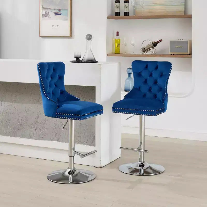 CLIHOME Lot de 2 tabourets de bar pivotants épais en velours chromé, hauteur réglable de 63,5 à 83,8 cm, boutons touffetés et plissage en losanges