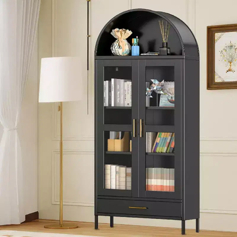 Meuble de rangement en métal arqué de 73 po, 2 étagères réglables et tiroirs, bibliothèque de style ferme moderne, pour salon/salle à manger, noir