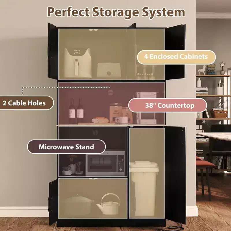 Meuble de cuisine haut Costway de 180 cm avec station de charge, support pour micro-ondes et portes Noir/Blanc