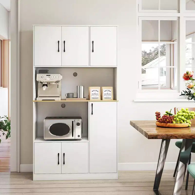 Meuble de cuisine haut Costway de 180 cm avec station de charge, support pour micro-ondes et portes Noir/Blanc