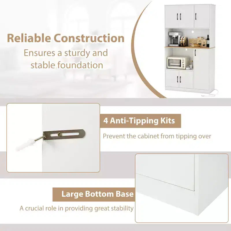 Meuble de cuisine haut Costway de 180 cm avec station de charge, support pour micro-ondes et portes Noir/Blanc