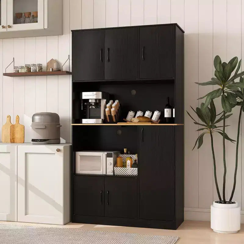 Meuble de cuisine haut Costway de 180 cm avec station de charge, support pour micro-ondes et portes Noir/Blanc