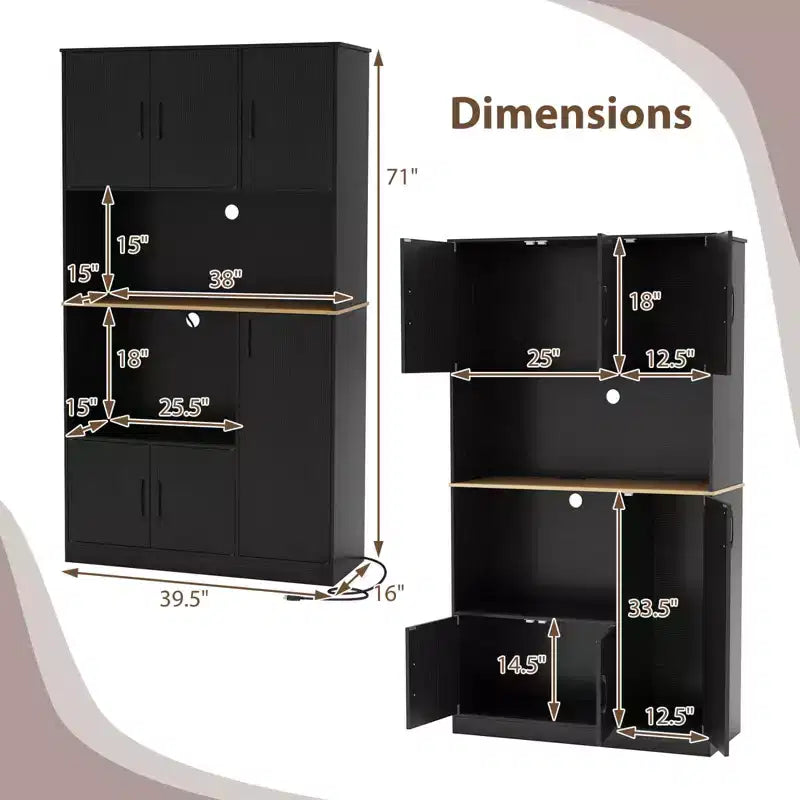 Meuble de cuisine haut Costway de 180 cm avec station de charge, support pour micro-ondes et portes Noir/Blanc