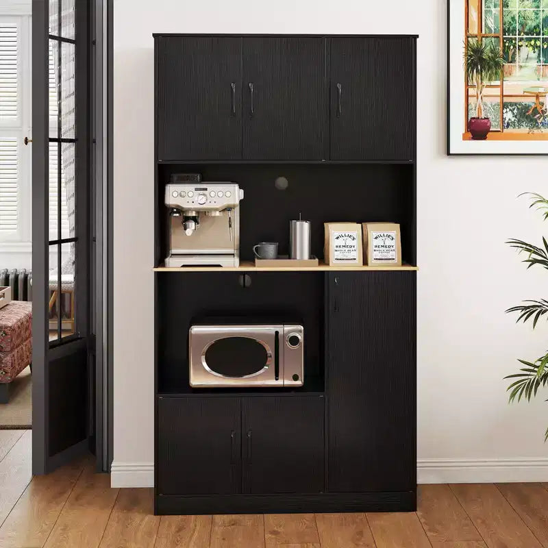 Meuble de cuisine haut Costway de 180 cm avec station de charge, support pour micro-ondes et portes Noir/Blanc