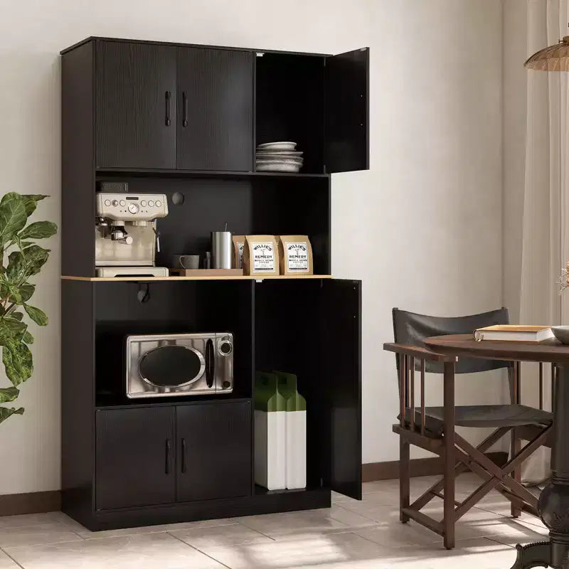 Meuble de cuisine haut Costway de 180 cm avec station de charge, support pour micro-ondes et portes Noir/Blanc
