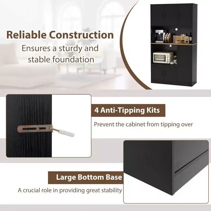 Meuble de cuisine haut Costway de 180 cm avec station de charge, support pour micro-ondes et portes Noir/Blanc