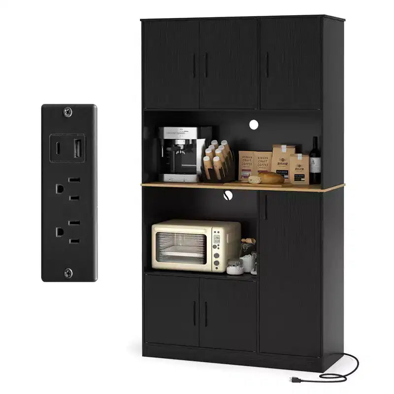 Costway 71 Tall Kitchen Pantry Cabinet with Charging Station Microwave Stand & Doors Black/White