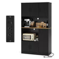 Costway 71 Tall Kitchen Pantry Cabinet with Charging Station Microwave Stand & Doors Black/White