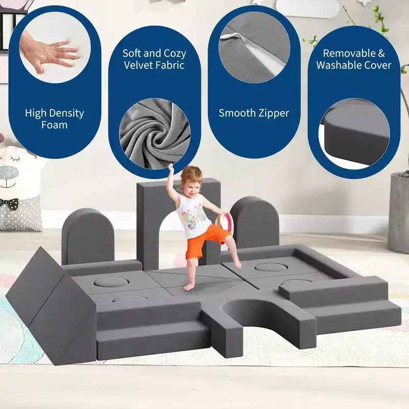 Canapé de jeu modulaire 22 pièces, ensemble de jeu en mousse d'escalade et de rampement, canapé sectionnel en velours lavable, canapé d'escalade convertible en mousse, chaise de sol en mousse