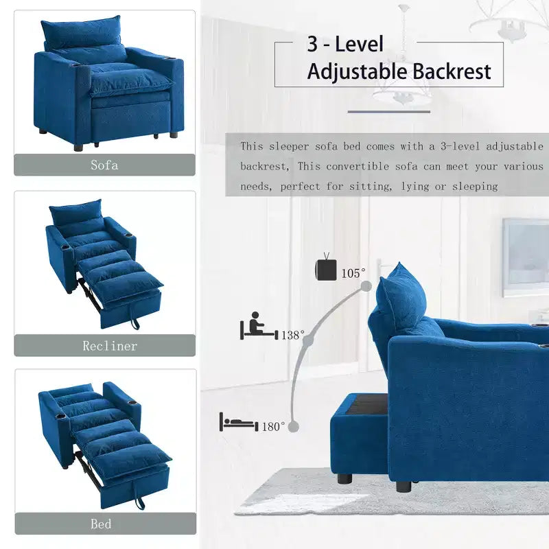 Chaise longue convertible 3-en-1, fauteuil d'appoint rembourré, canapé-lit escamotable une place avec dossier réglable et porte-gobelet - ModernLuxe