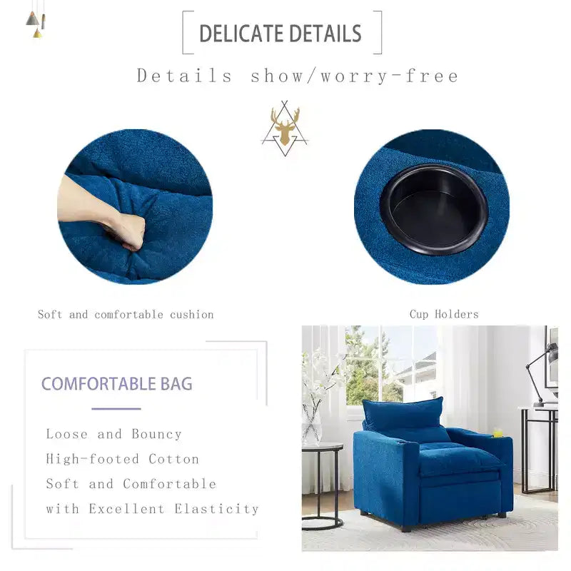 Chaise longue convertible 3-en-1, fauteuil d'appoint rembourré, canapé-lit escamotable une place avec dossier réglable et porte-gobelet - ModernLuxe
