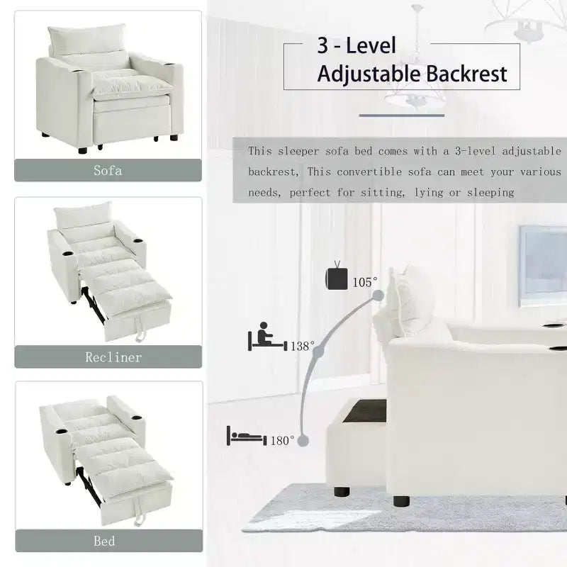 Chaise longue convertible 3-en-1, fauteuil d'appoint rembourré, canapé-lit escamotable une place avec dossier réglable et porte-gobelet - ModernLuxe