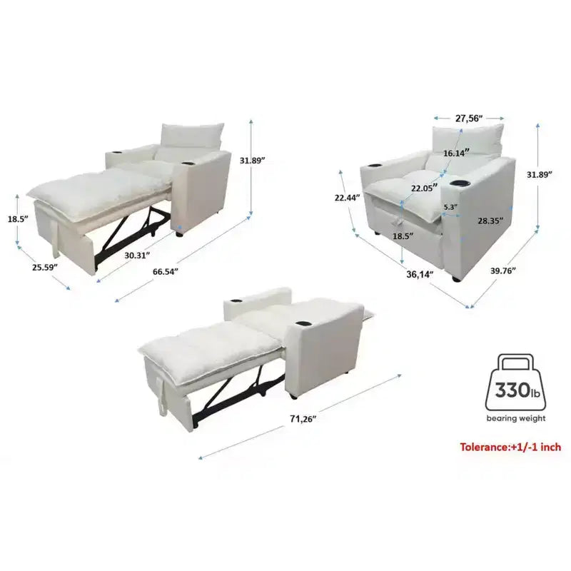 Chaise longue convertible 3-en-1, fauteuil d'appoint rembourré, canapé-lit escamotable une place avec dossier réglable et porte-gobelet - ModernLuxe