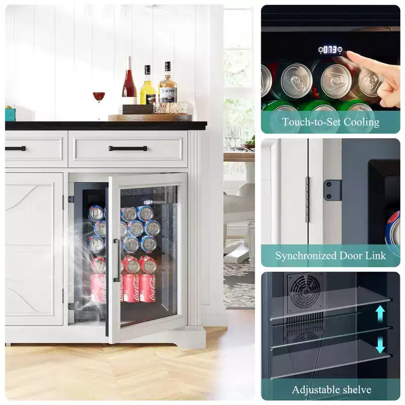 Meuble bar à café de ferme AMERLIFE avec réfrigérateur à boissons, meuble de bar à vin avec tiroirs de rangement, buffet pour mini-réfrigérateur