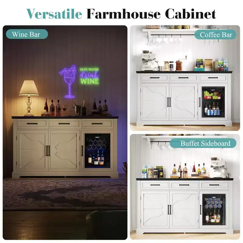 Meuble bar à café de ferme AMERLIFE avec réfrigérateur à boissons, meuble de bar à vin avec tiroirs de rangement, buffet pour mini-réfrigérateur