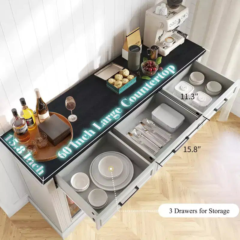 Meuble bar à café de ferme AMERLIFE avec réfrigérateur à boissons, meuble de bar à vin avec tiroirs de rangement, buffet pour mini-réfrigérateur