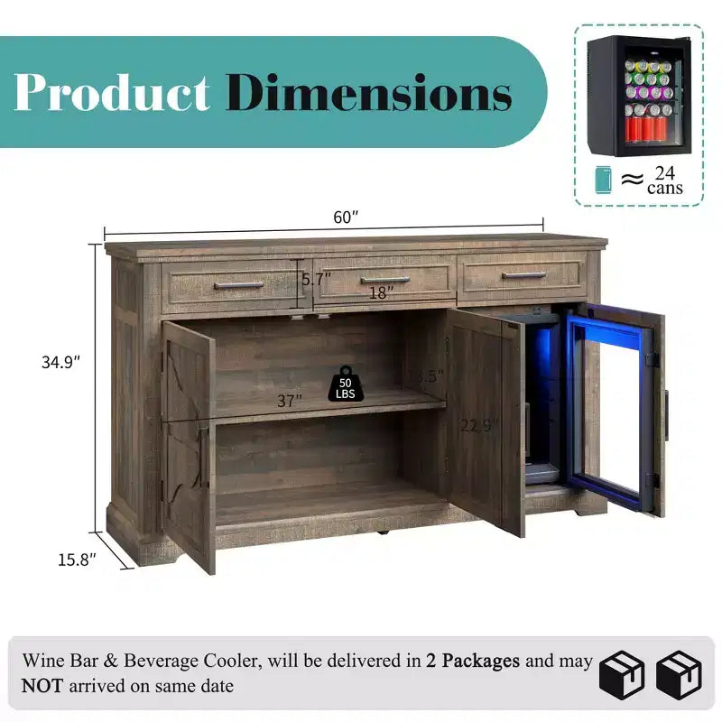 Meuble bar à café de ferme AMERLIFE avec réfrigérateur à boissons, meuble de bar à vin avec tiroirs de rangement, buffet pour mini-réfrigérateur