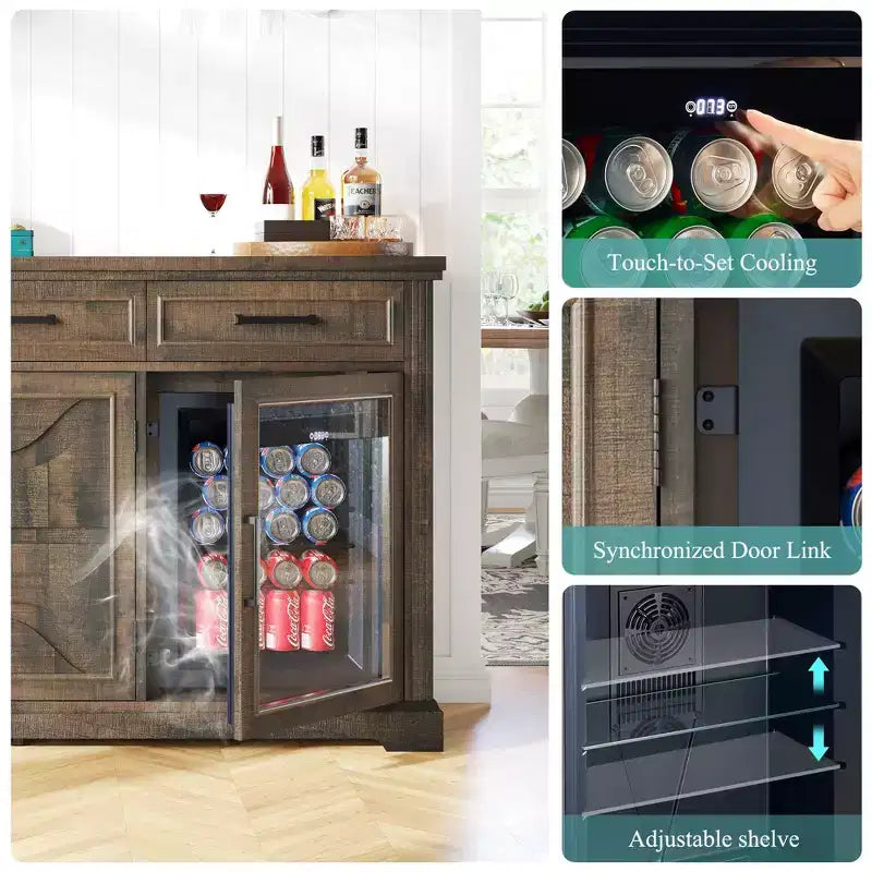 Meuble bar à café de ferme AMERLIFE avec réfrigérateur à boissons, meuble de bar à vin avec tiroirs de rangement, buffet pour mini-réfrigérateur