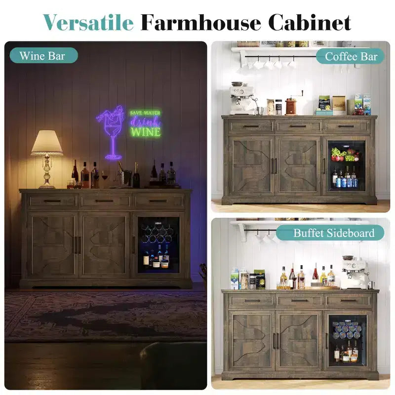 Meuble bar à café de ferme AMERLIFE avec réfrigérateur à boissons, meuble de bar à vin avec tiroirs de rangement, buffet pour mini-réfrigérateur