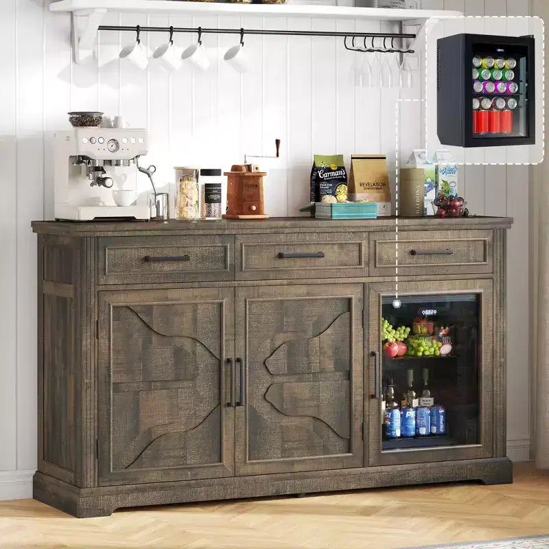 AMERLIFE Farmhouse Coffee Bar Cabinet with Beverage Fridge, Wine Bar Cabinet with Drawer Storage, Mini Fridge Sideboard Cabinet