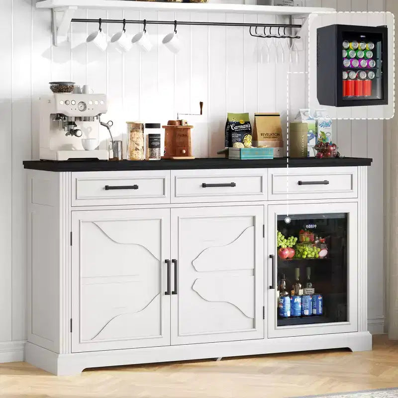 Meuble bar à café de ferme AMERLIFE avec réfrigérateur à boissons, meuble de bar à vin avec tiroirs de rangement, buffet pour mini-réfrigérateur