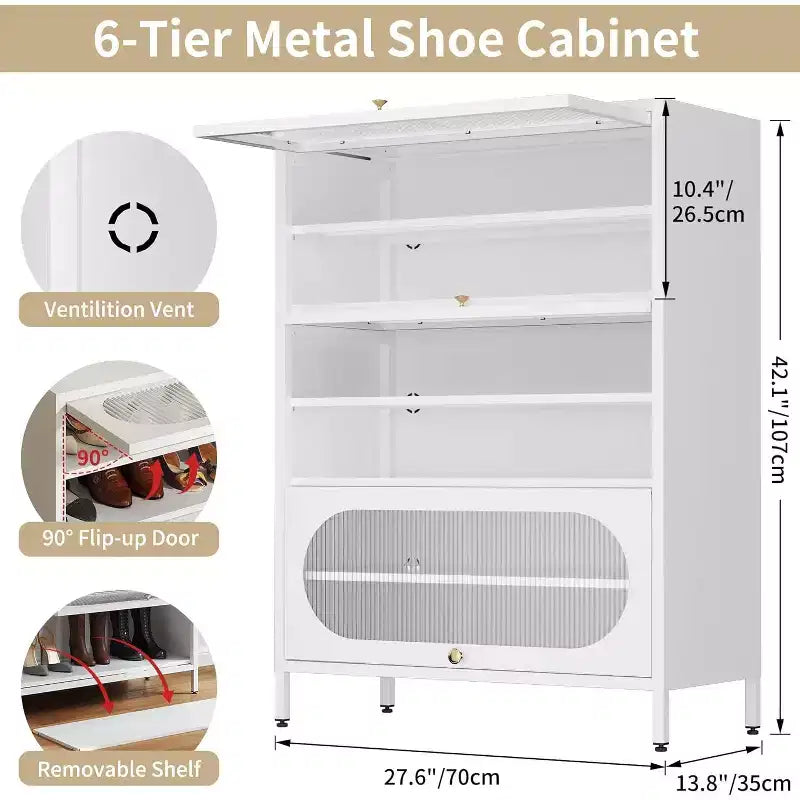 Bekrvio 6 niveaux 42 Armoire à chaussures d'entrée - 3 portes basculantes, étagères amovibles, 18-24 paires, métal, haute et moderne sur pied