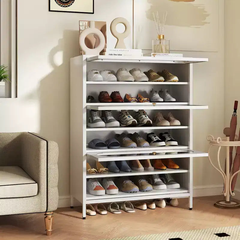 Bekrvio 6 niveaux 42 Armoire à chaussures d'entrée - 3 portes basculantes, étagères amovibles, 18-24 paires, métal, haute et moderne sur pied