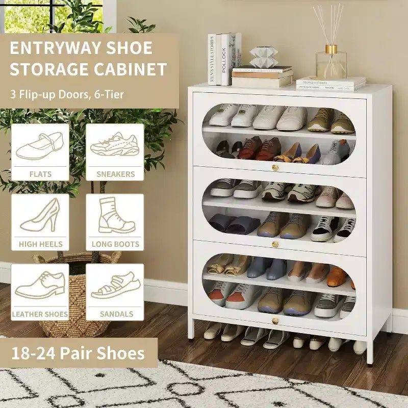Bekrvio 6 niveaux 42 Armoire à chaussures d'entrée - 3 portes basculantes, étagères amovibles, 18-24 paires, métal, haute et moderne sur pied