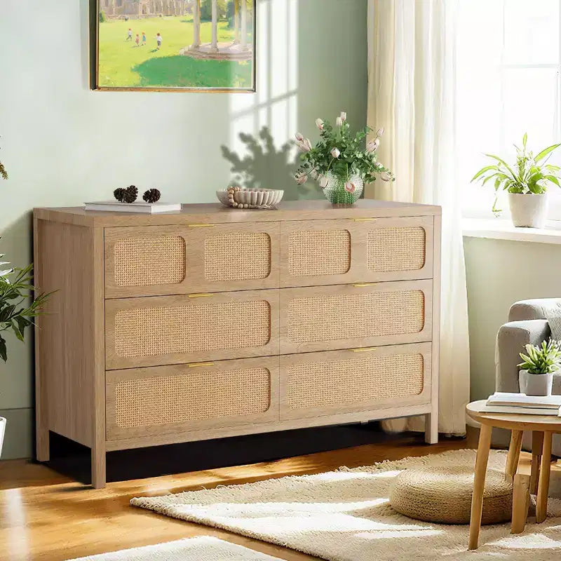 Commode à 6 tiroirs, commode en rotin pour chambre à coucher avec poignées en métal, commode de rangement en bois style ferme pour chambre à coucher, salon, couloir