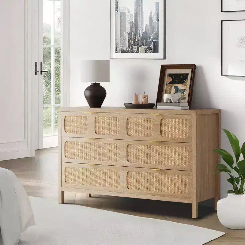 Commode à 6 tiroirs, commode en rotin pour chambre à coucher avec poignées en métal, commode de rangement en bois style ferme pour chambre à coucher, salon, couloir