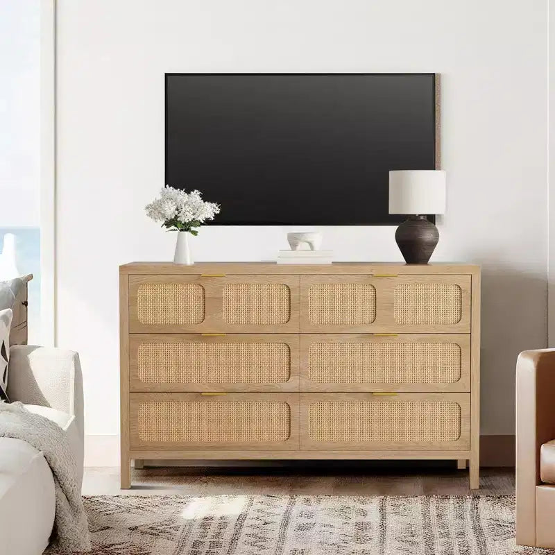 Commode à 6 tiroirs, commode en rotin pour chambre à coucher avec poignées en métal, commode de rangement en bois style ferme pour chambre à coucher, salon, couloir
