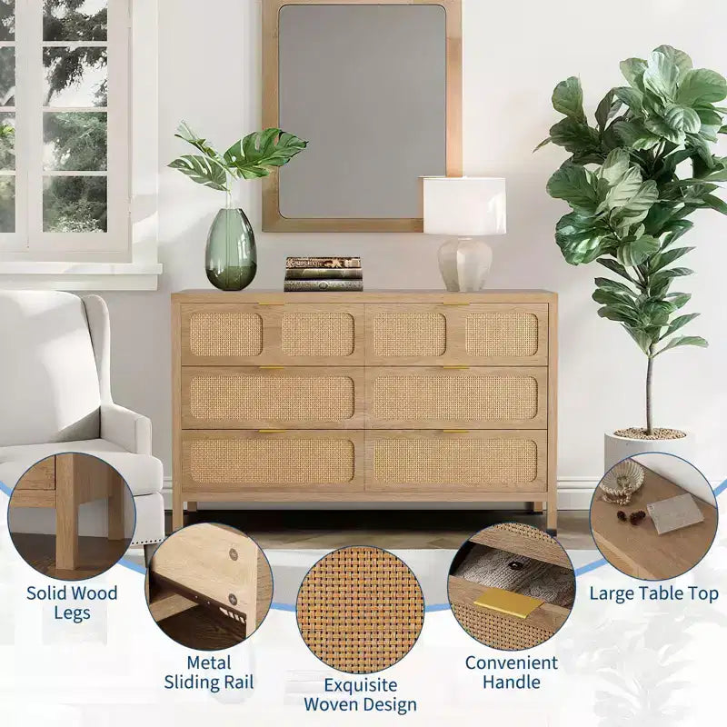 Commode à 6 tiroirs, commode en rotin pour chambre à coucher avec poignées en métal, commode de rangement en bois style ferme pour chambre à coucher, salon, couloir