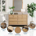 Commode à 6 tiroirs, commode en rotin pour chambre à coucher avec poignées en métal, commode de rangement en bois style ferme pour chambre à coucher, salon, couloir