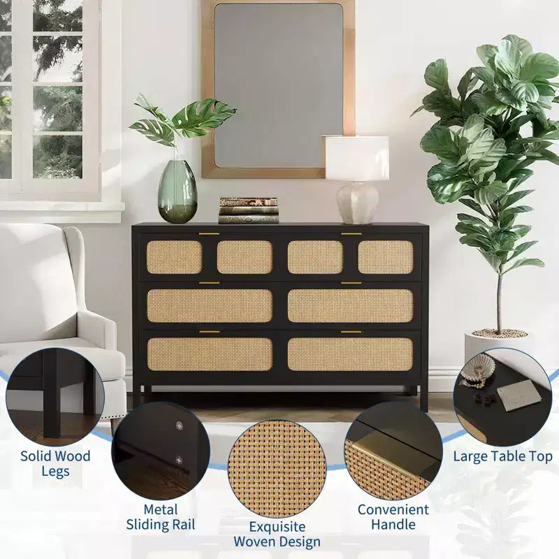 Commode à 6 tiroirs, commode en rotin pour chambre à coucher avec poignées en métal, commode de rangement en bois style ferme pour chambre à coucher, salon, couloir