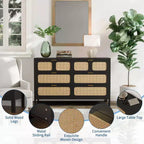 Commode à 6 tiroirs, commode en rotin pour chambre à coucher avec poignées en métal, commode de rangement en bois style ferme pour chambre à coucher, salon, couloir