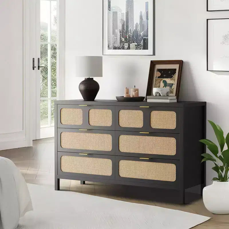 Commode à 6 tiroirs, commode en rotin pour chambre à coucher avec poignées en métal, commode de rangement en bois style ferme pour chambre à coucher, salon, couloir