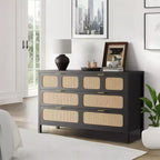 Commode à 6 tiroirs, commode en rotin pour chambre à coucher avec poignées en métal, commode de rangement en bois style ferme pour chambre à coucher, salon, couloir
