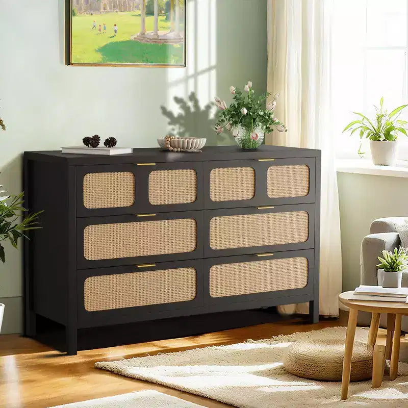 Commode à 6 tiroirs, commode en rotin pour chambre à coucher avec poignées en métal, commode de rangement en bois style ferme pour chambre à coucher, salon, couloir