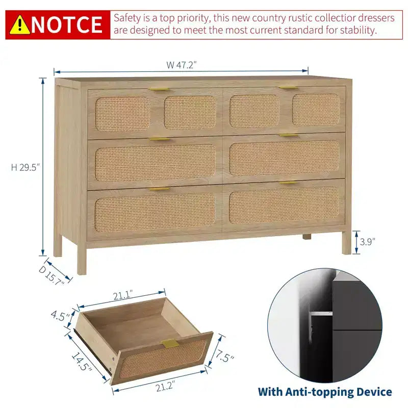 Commode à 6 tiroirs, commode en rotin pour chambre à coucher avec poignées en métal, commode de rangement en bois style ferme pour chambre à coucher, salon, couloir