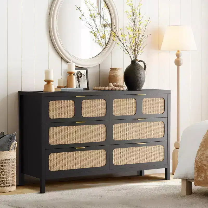 6 Drawer Dresser, Rattan Dresser for Bedroom with Metal Handles, Farmhouse Wood Storage Chest of Drawers for Bedroom, Living Room, Hallway