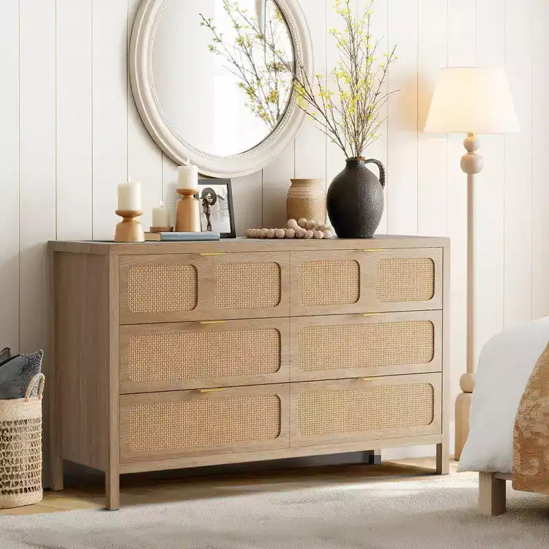 Commode à 6 tiroirs, commode en rotin pour chambre à coucher avec poignées en métal, commode de rangement en bois style ferme pour chambre à coucher, salon, couloir