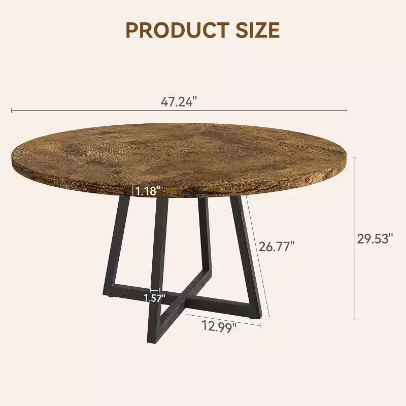 Table à manger ronde industrielle de 47 pouces, table de cuisine en bois pour 4 personnes avec plateau en bois et base en métal pour la maison, la salle à manger, le salon, marron (PAS de chaises)