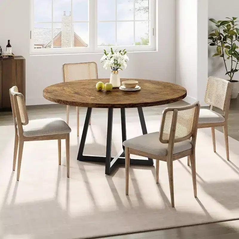 Table à manger ronde industrielle de 47 pouces, table de cuisine en bois pour 4 personnes avec plateau en bois et base en métal pour la maison, la salle à manger, le salon, marron (PAS de chaises)