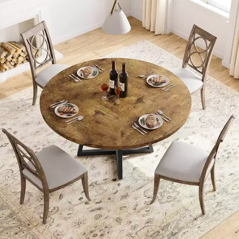 Table à manger ronde industrielle de 47 pouces, table de cuisine en bois pour 4 personnes avec plateau en bois et base en métal pour la maison, la salle à manger, le salon, marron (PAS de chaises)