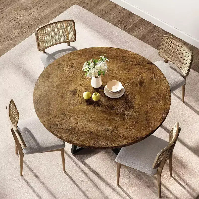 Table à manger ronde industrielle de 47 pouces, table de cuisine en bois pour 4 personnes avec plateau en bois et base en métal pour la maison, la salle à manger, le salon, marron (PAS de chaises)