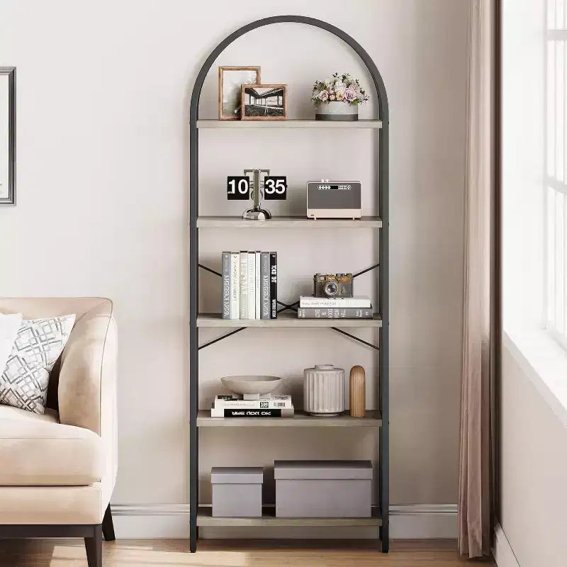 Étagère à Livres Courbée, Étagère de Présentation à 5 Niveaux, Étagères Hautes, Étagère de Rangement Moderne, Grande Étagère en Bois pour Chambre, Salon