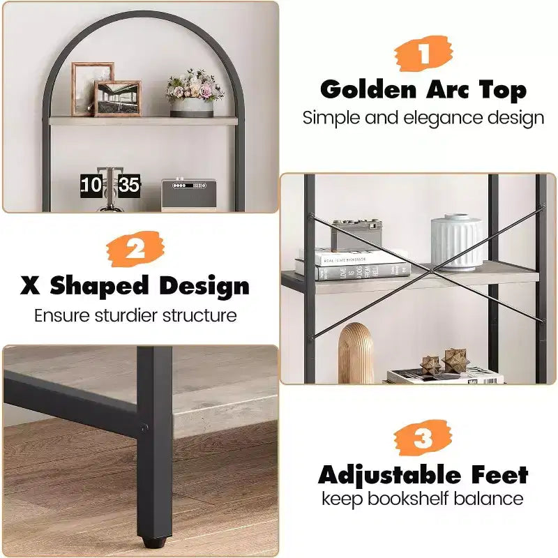 Étagère à Livres Courbée, Étagère de Présentation à 5 Niveaux, Étagères Hautes, Étagère de Rangement Moderne, Grande Étagère en Bois pour Chambre, Salon